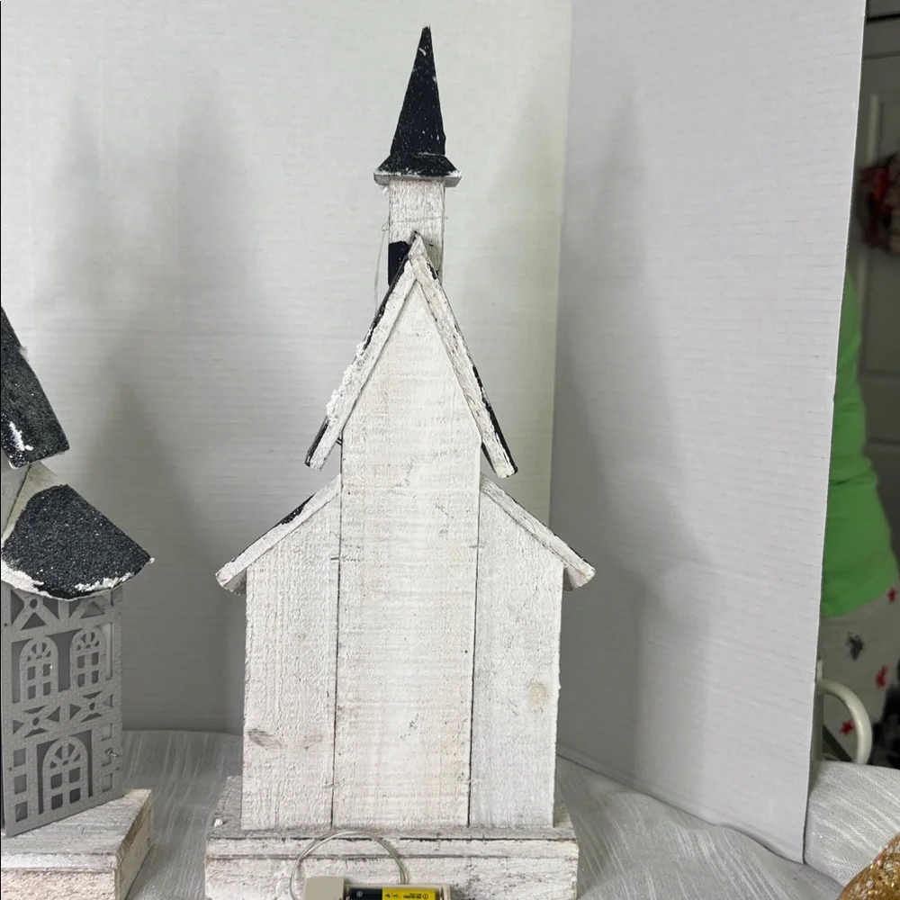 Wooden Church Christmas Decorations lights up white, Gray and Black Pinecone new